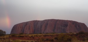 Uluru after a sudden rain storm. Cleared up just at sunset.