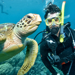 Scuba Diver posing with a sea turtle