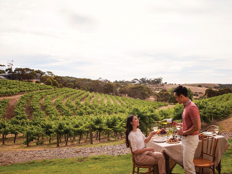 Couple enjoying an alfresco meal at Chapel Hill Winery