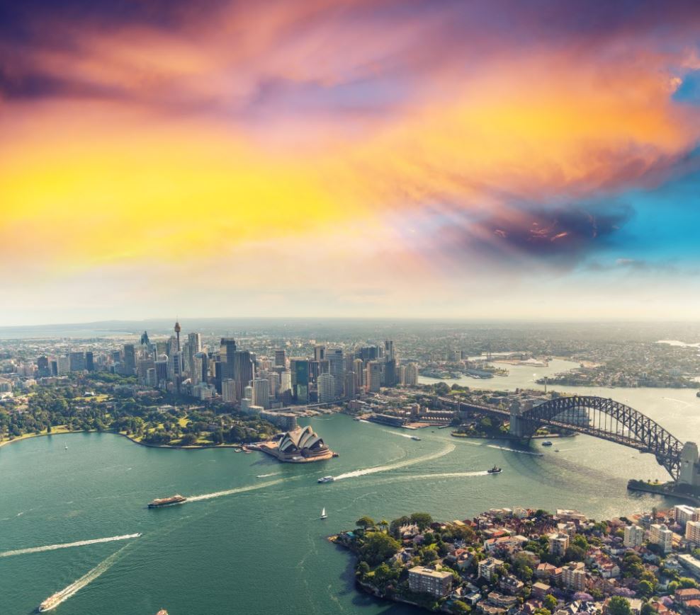 Aerial view of Sydney Harbour at sunset